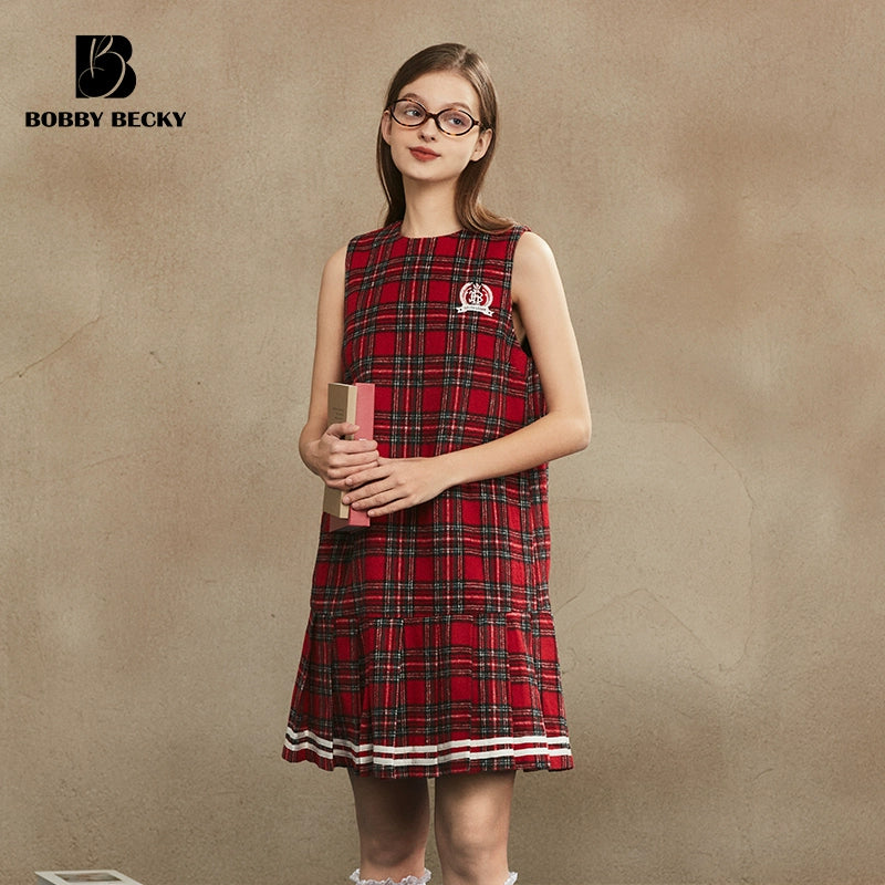 Preppy Style Pleated Wool Plaid Miniskirt Vest One-Piece Dress