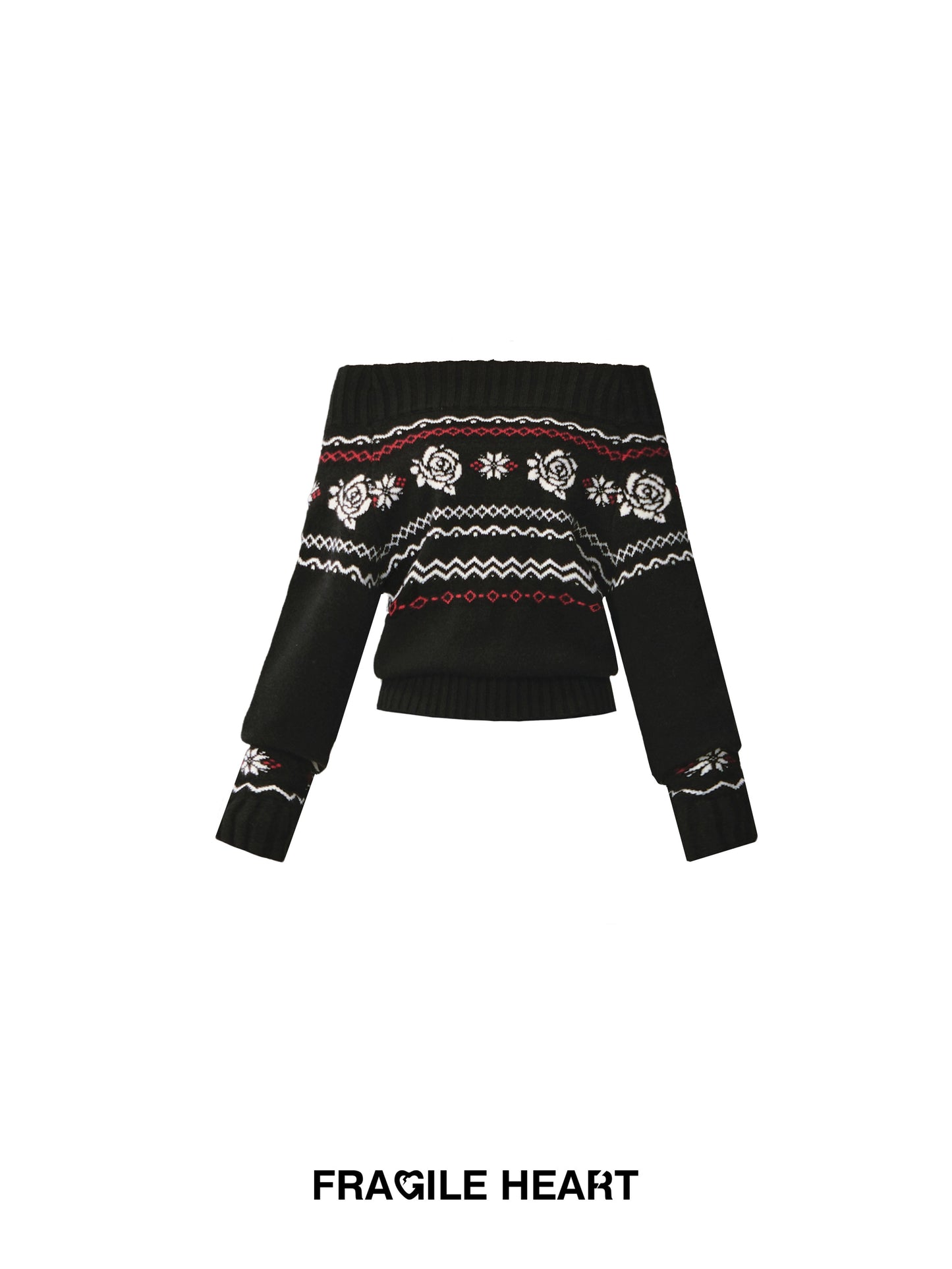 Off-Shoulder Jacquard Rose Sweater