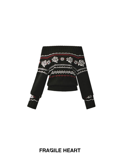 Off-Shoulder Jacquard Rose Sweater