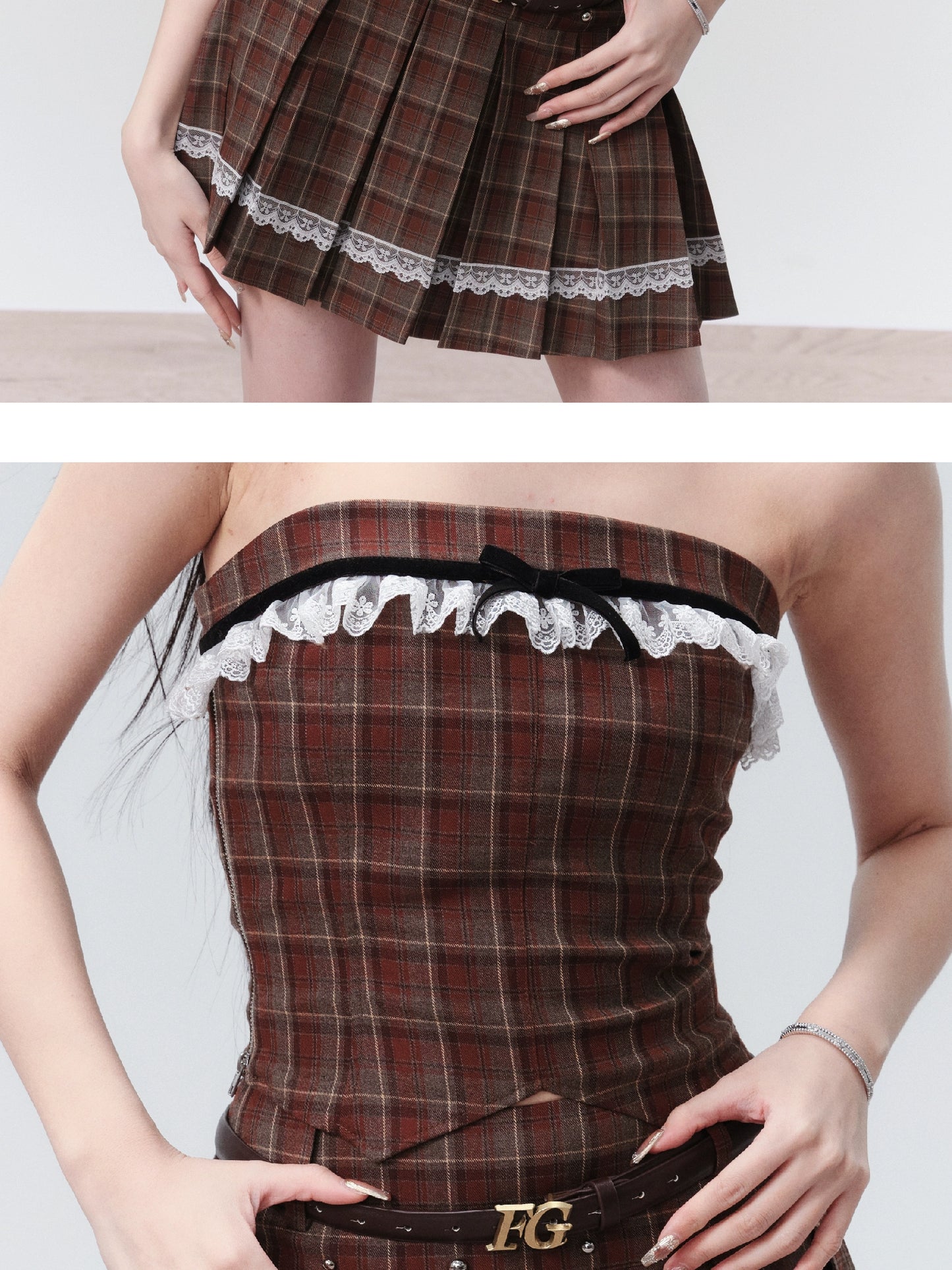 Mix And Match Plaid Frilled Tube Top And Pleated Mini Skirt