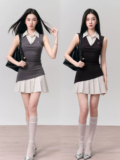 Vest And Shirt Contrast Faux Two-Piece Mini Pleated Dress (hover)