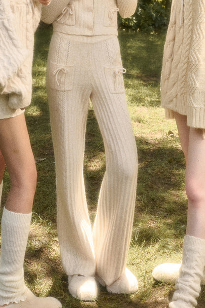 Off-Shoulder Pointelle Knit Top & Pants With Bow Details