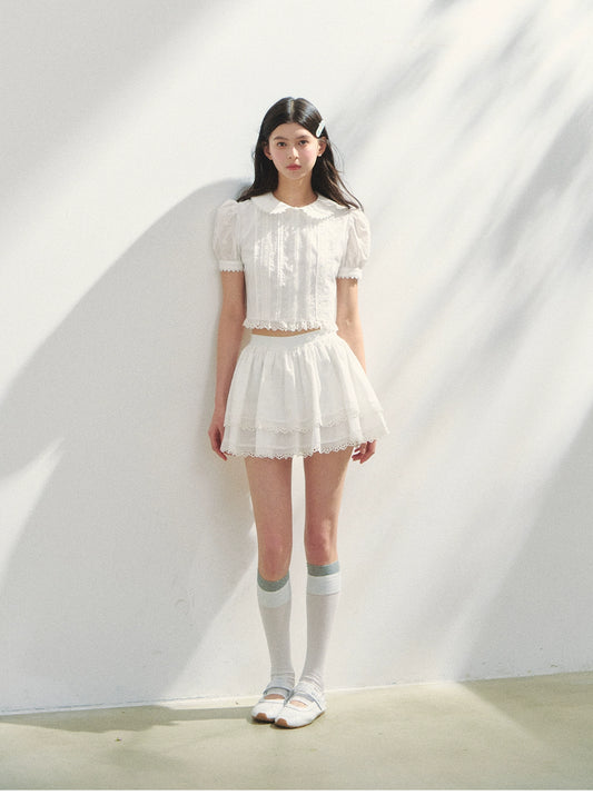 Puff-Sleeve Blouse & Tiered Skirt - Plain Or Plaid