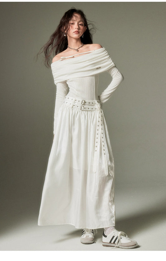 Off-shoulder Long-sleeved Waist Slimming Onepiece Dress