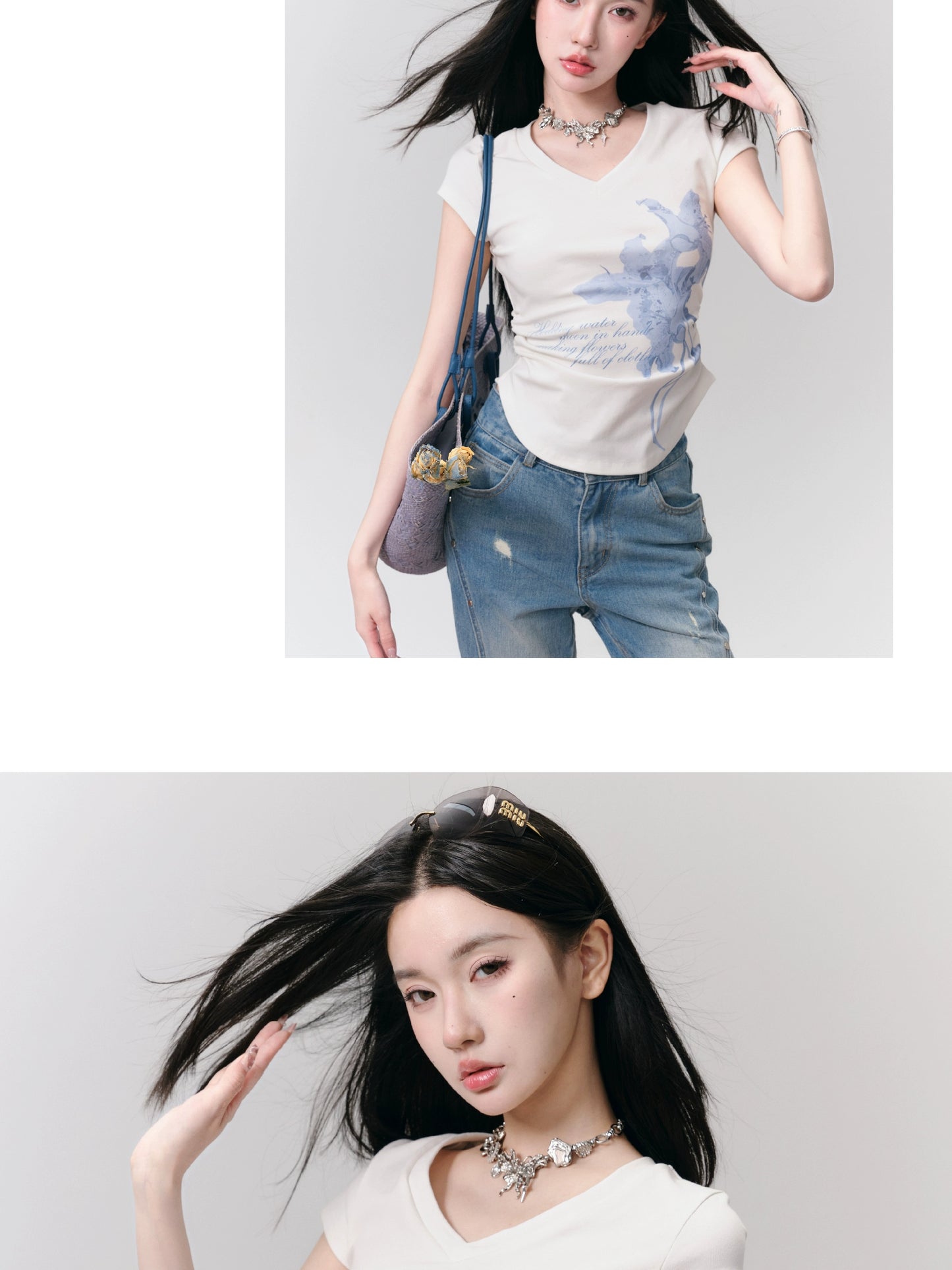 Lily Floral Print V-Neck Slim Fit Ruched T-Shirt