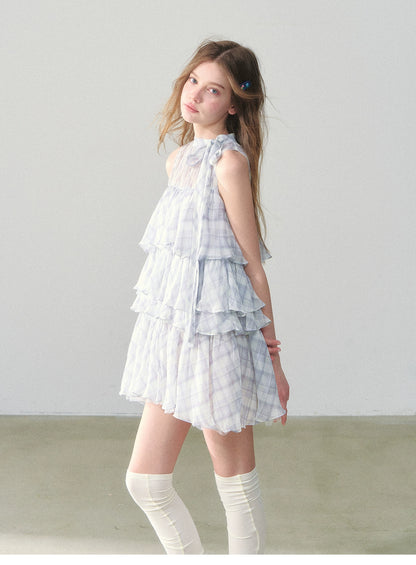 Sleeveless Plaid Chiffon Dress With Tiered Layers