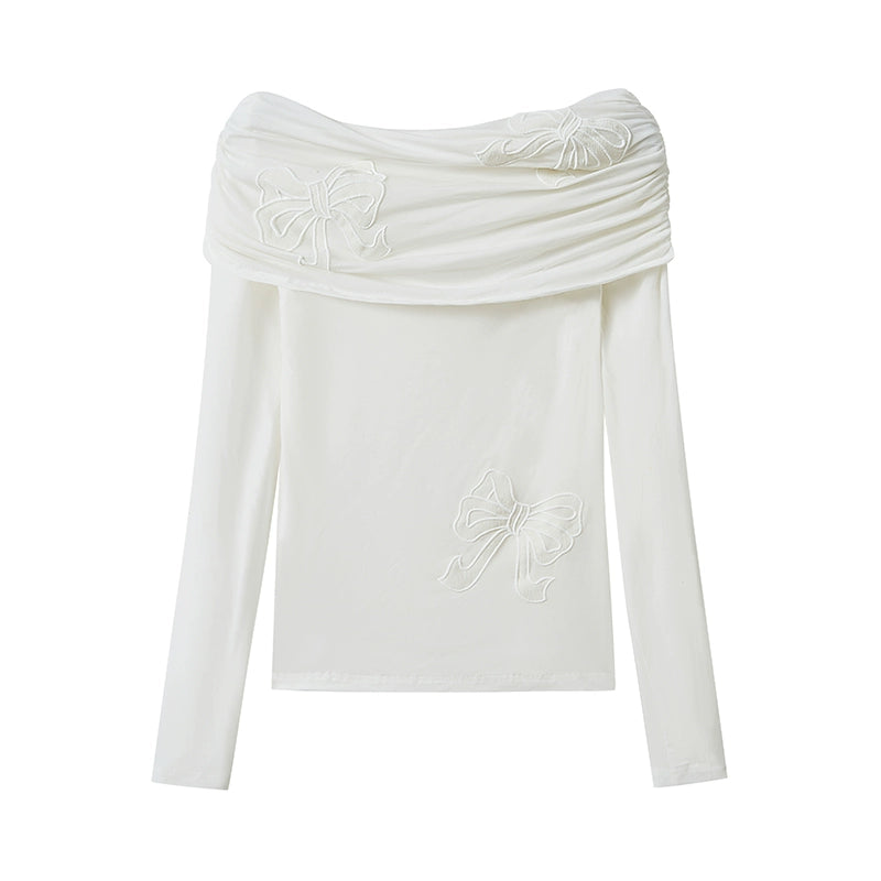 Bow Hollow Patch Embroidered Off Shoulder Long-Sleeved Shirt