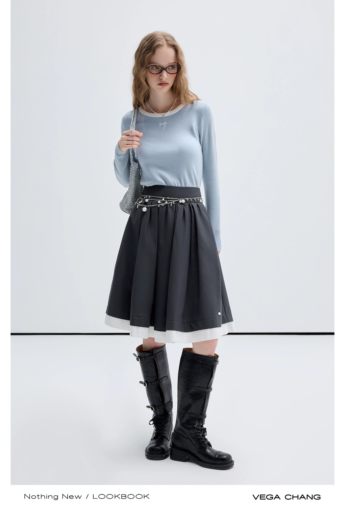 Wool Blend Bow Embroidery Contrast Knit Top