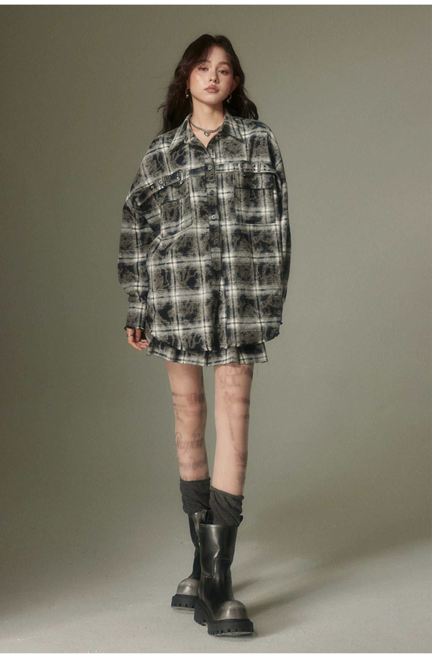 Maillard Style Contrast Plaid Shirt & Pleated Skirt