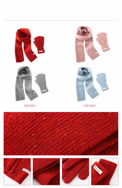 100% Wool Melange Ribbed Knit Scarf And Gloves