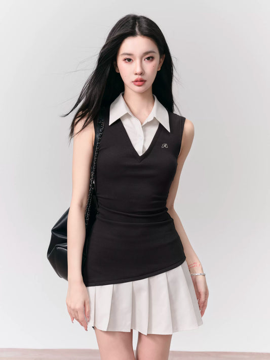 Vest And Shirt Contrast Faux Two-Piece Mini Pleated Dress