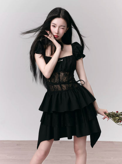 Puff Sleeves Lace Ruffled Short Dress With Thin Waist Strap