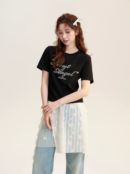 Pearl Beaded Lettering T-Shirt