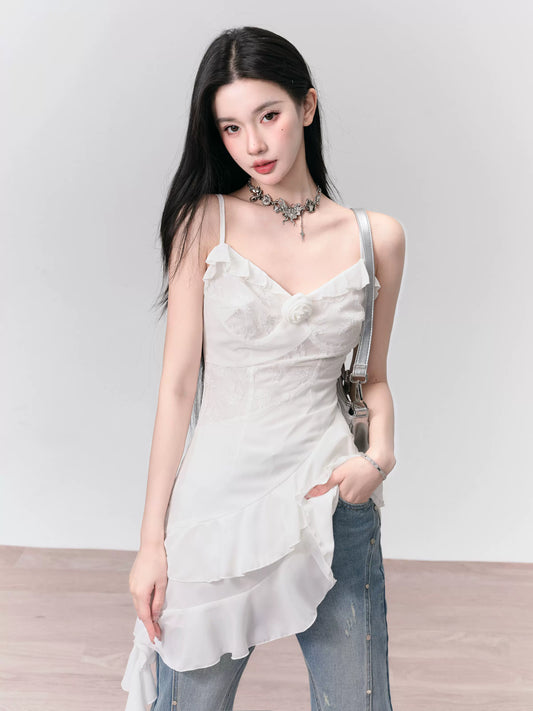 Rose Corsage Asymmetric Ruffled Short Chiffon Dress