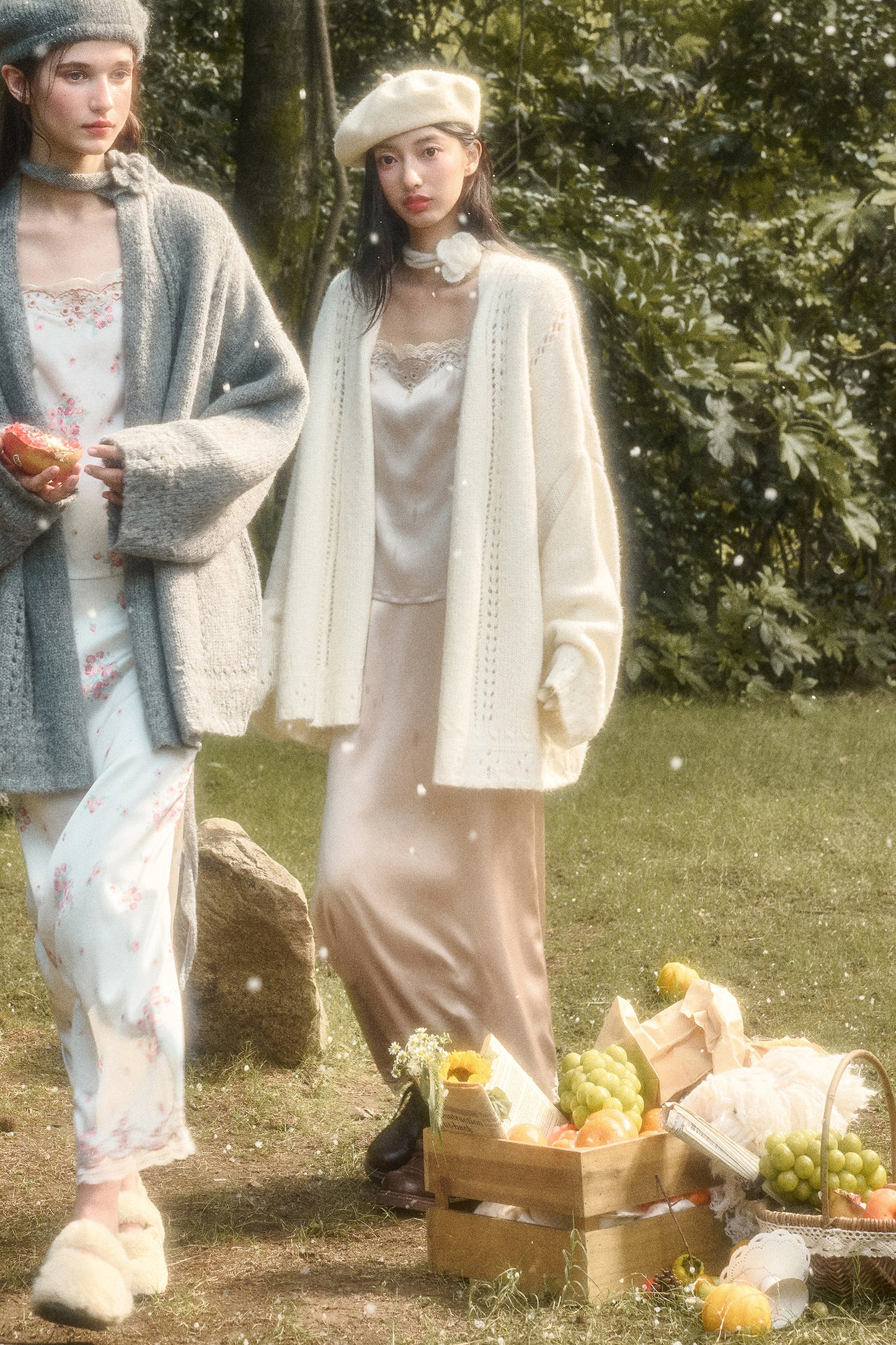 Oversized Open-Knit Cardigan With Flower Accent