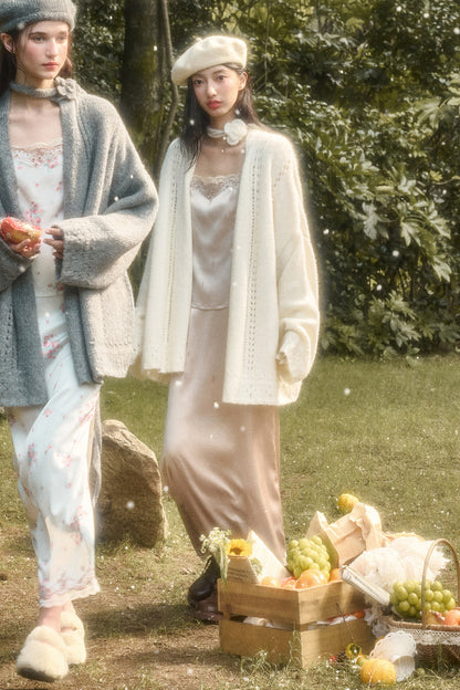 Oversized Open-Knit Cardigan With Flower Accent