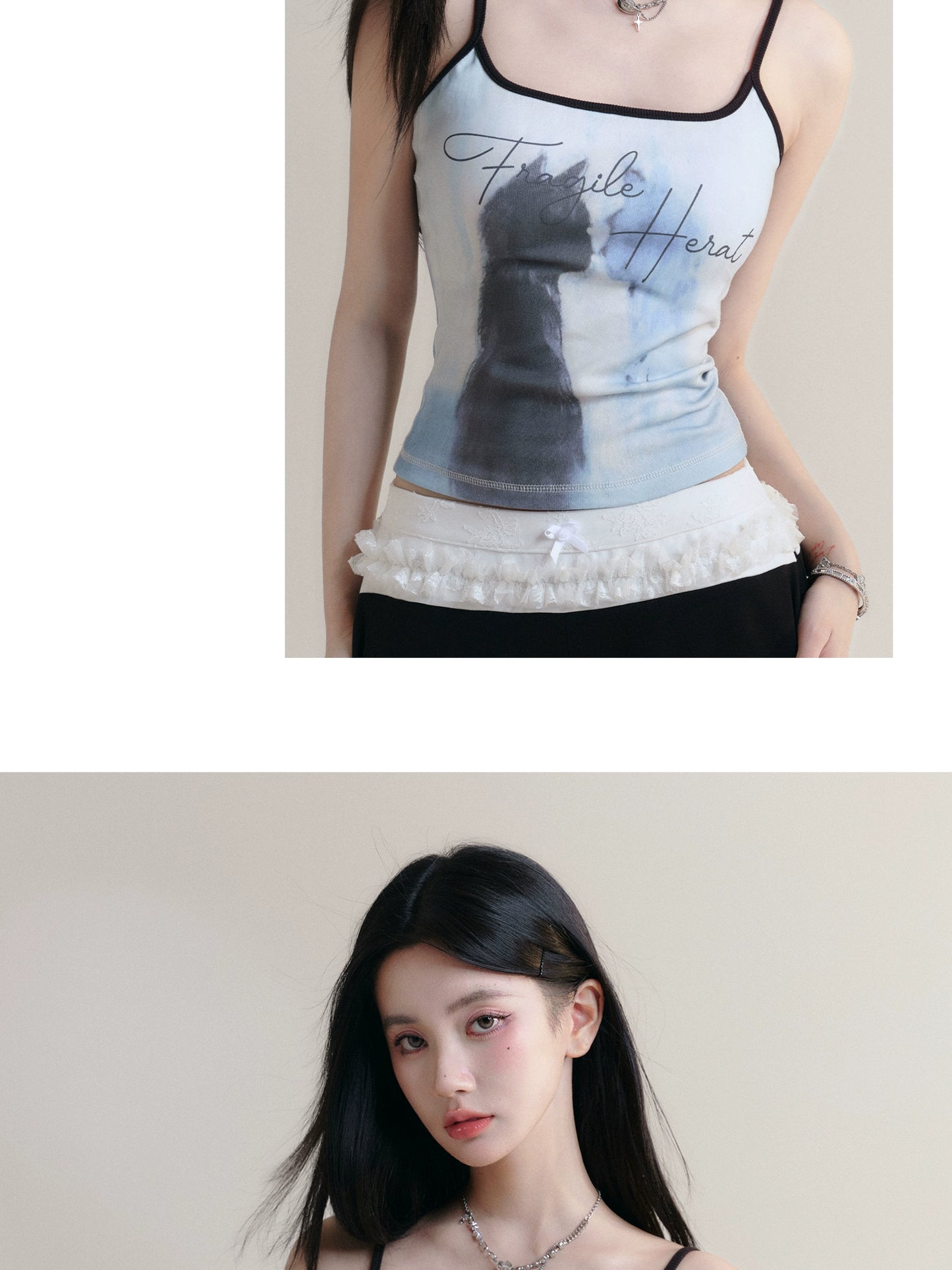 Cat Print Contrast Color Fitted Camisole Top