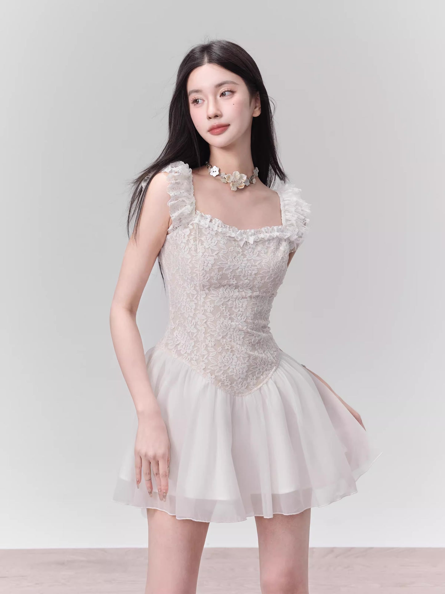 Ballet Style Frilled Lace Chiffon Flared Mini Dress