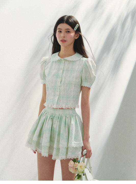 Puff-Sleeve Blouse & Tiered Skirt - Plain Or Plaid