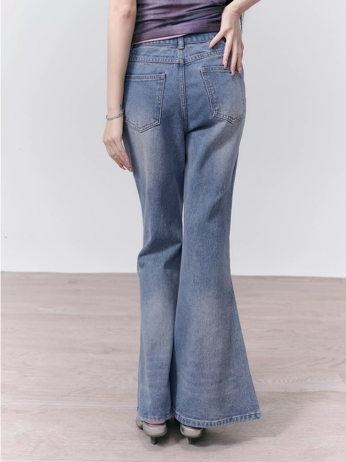 Distressed Washed Slim Flared Bell Bottom Jeans