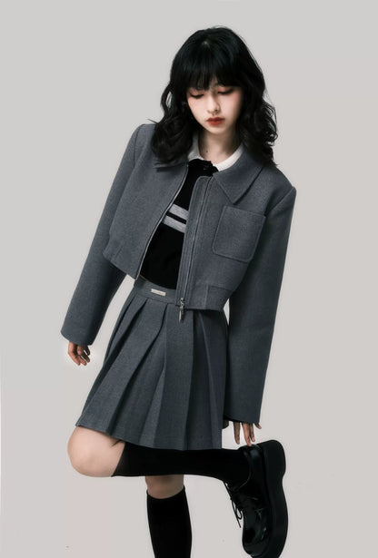 Double-Sided Zip Cropped Jacket & Pleated Skirt