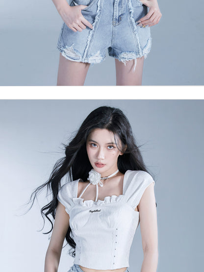 Soft Jacquard French Sleeve Bustier-Style Top