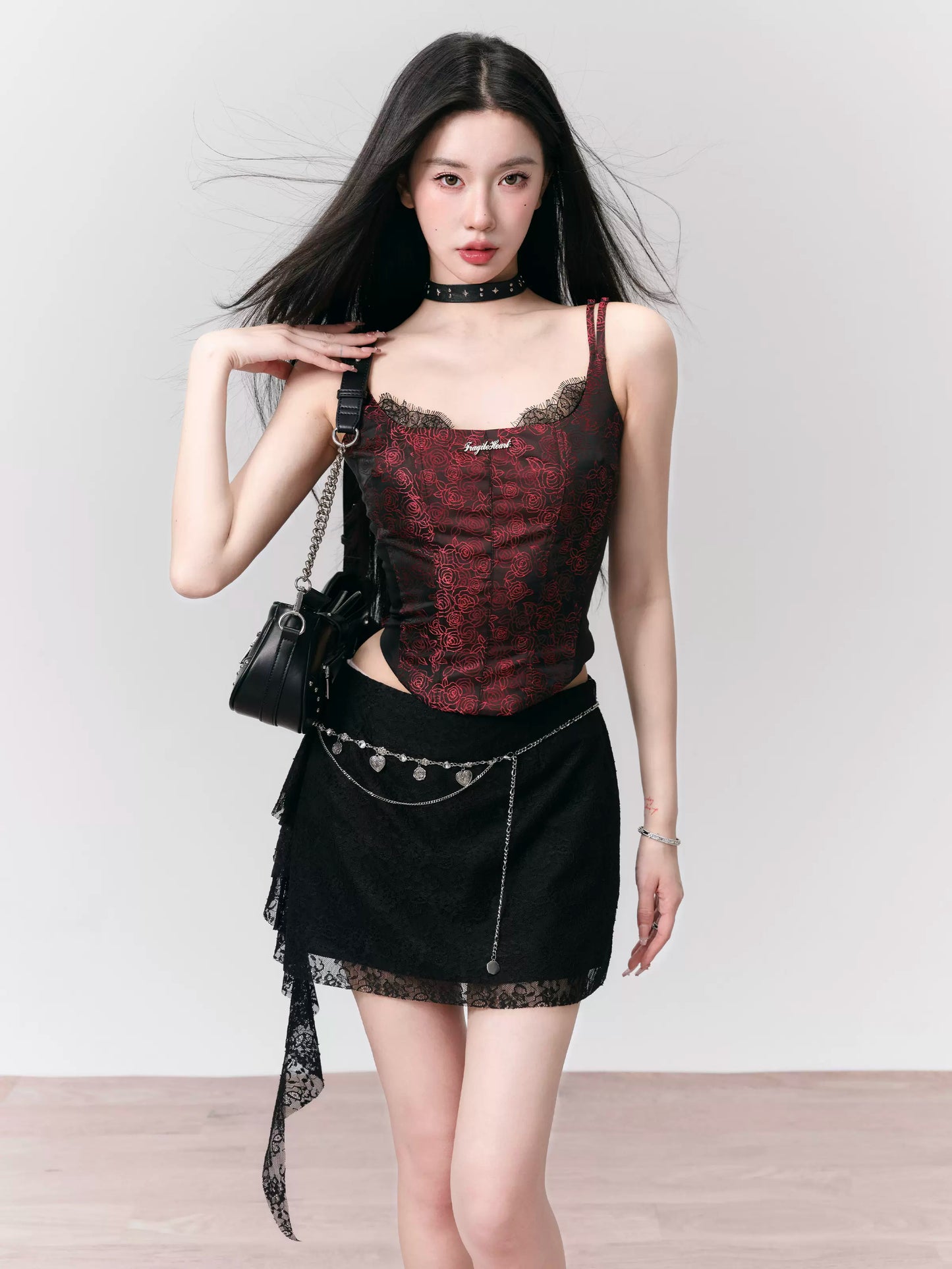 Rose Layered Jacquard Lace Camisole Top With Double Straps