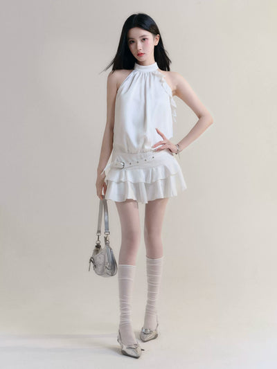 Satin Ruffled Halter Neck Belted Short Dress (hover)