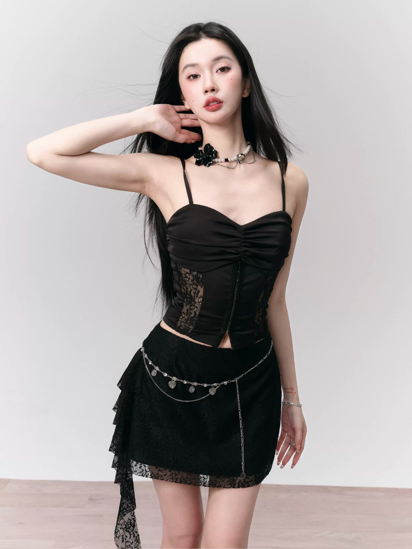 Glossy Twill Satin Lace Bustier Top With Metal Hook Closure