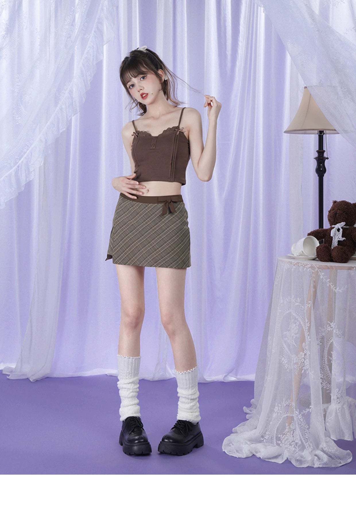 Brown Checked Bow and Slit Details Low Rise Skort Pants