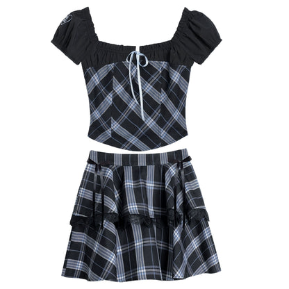 Plaid Two-Way Puff Sleeves Top And Tiered Skirt With Bows