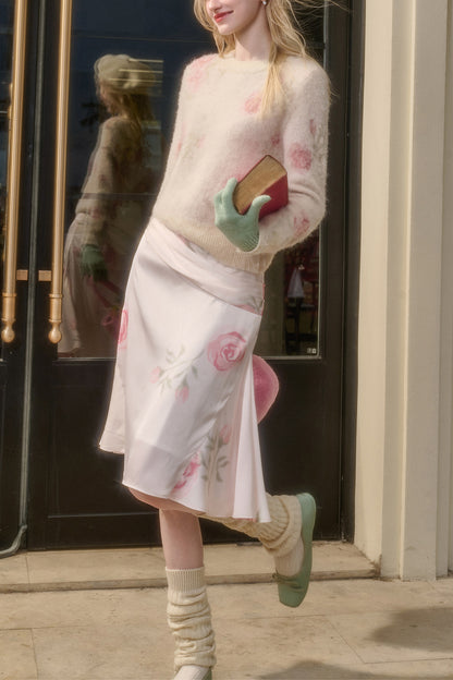 Floral Cozy Sweater & Draped A-Line Skirt