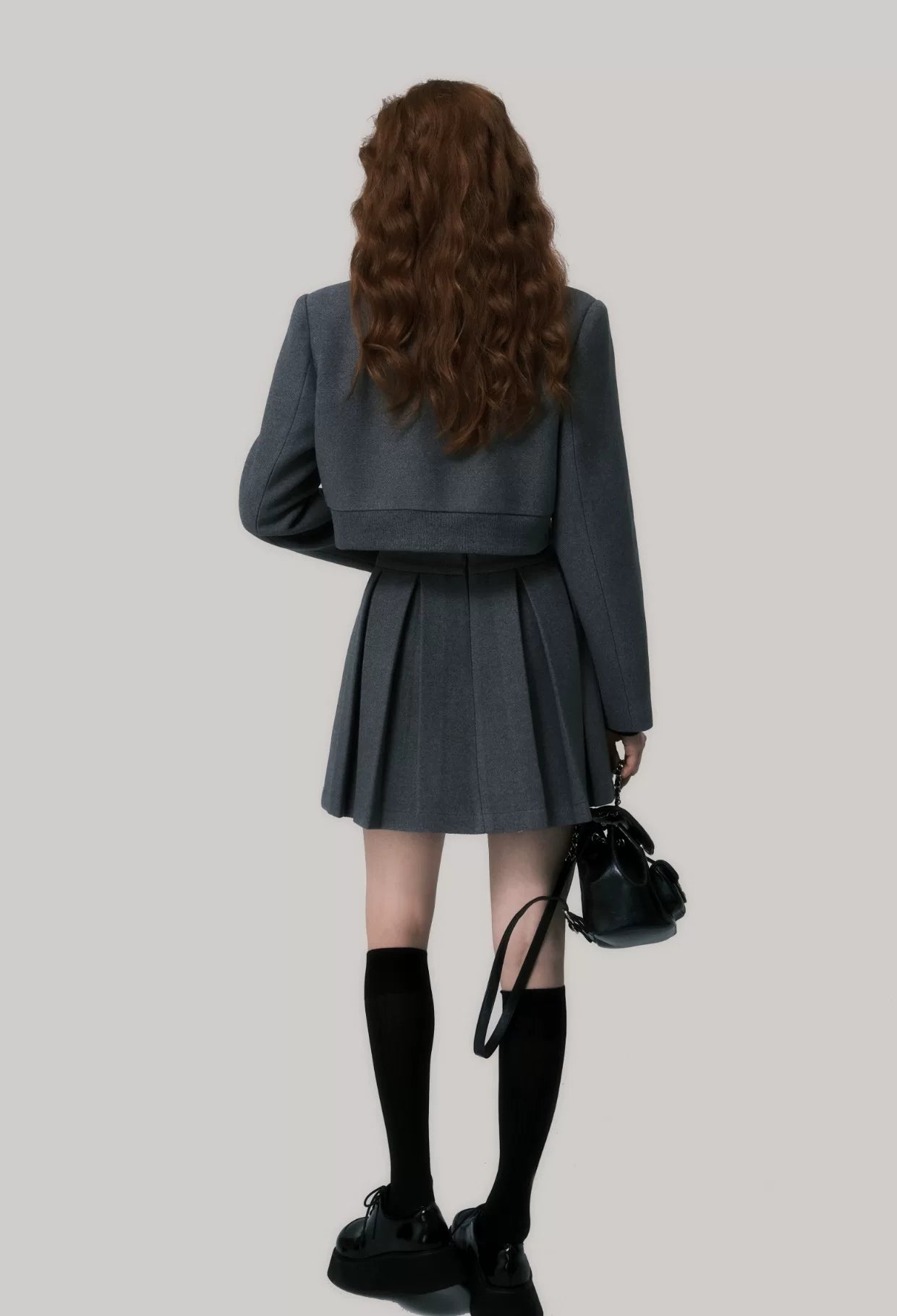 Double-Sided Zip Cropped Jacket & Pleated Skirt