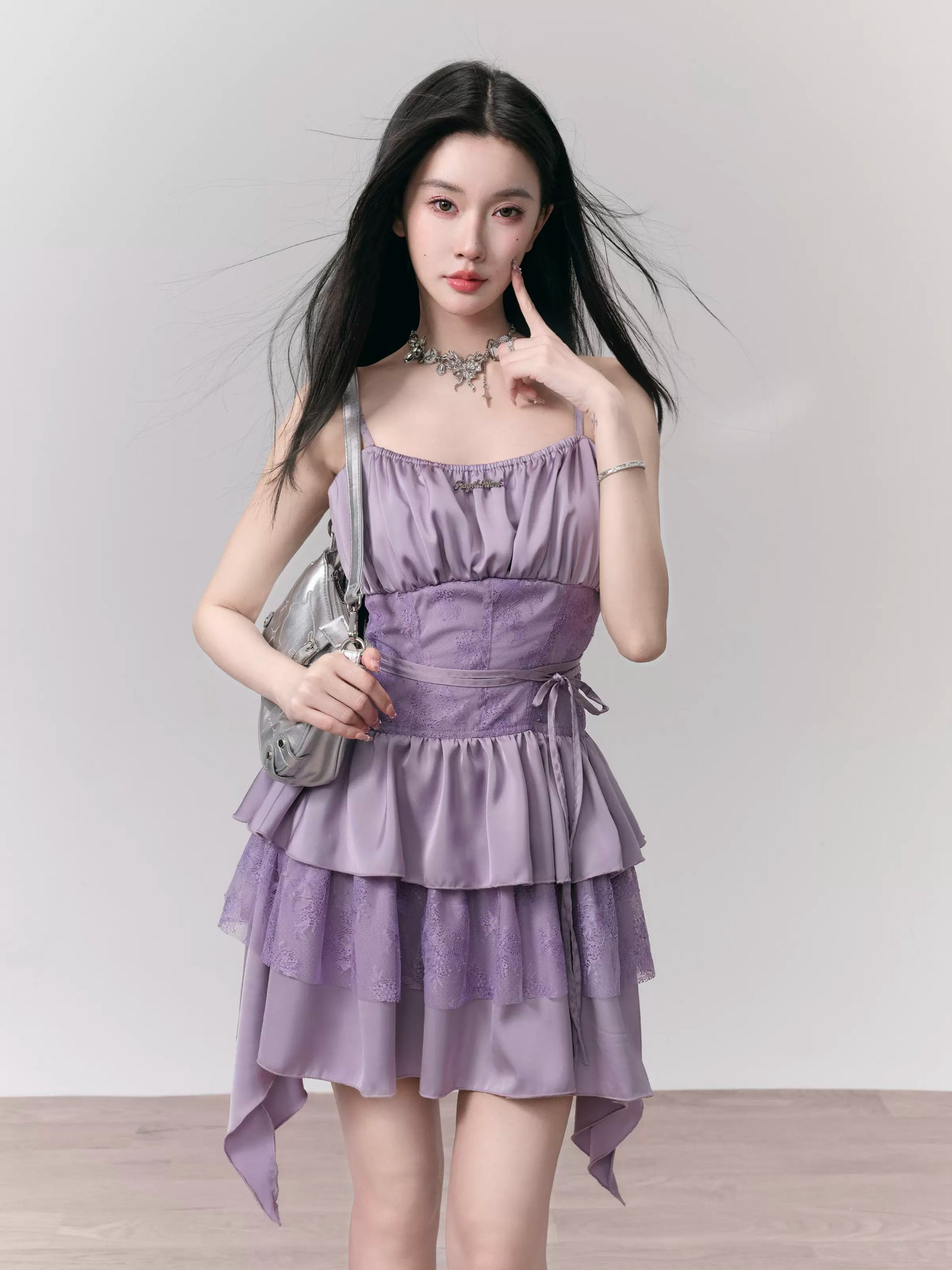 Lace Mixed Ruffled Mini Camisole Dress With Waist Strap