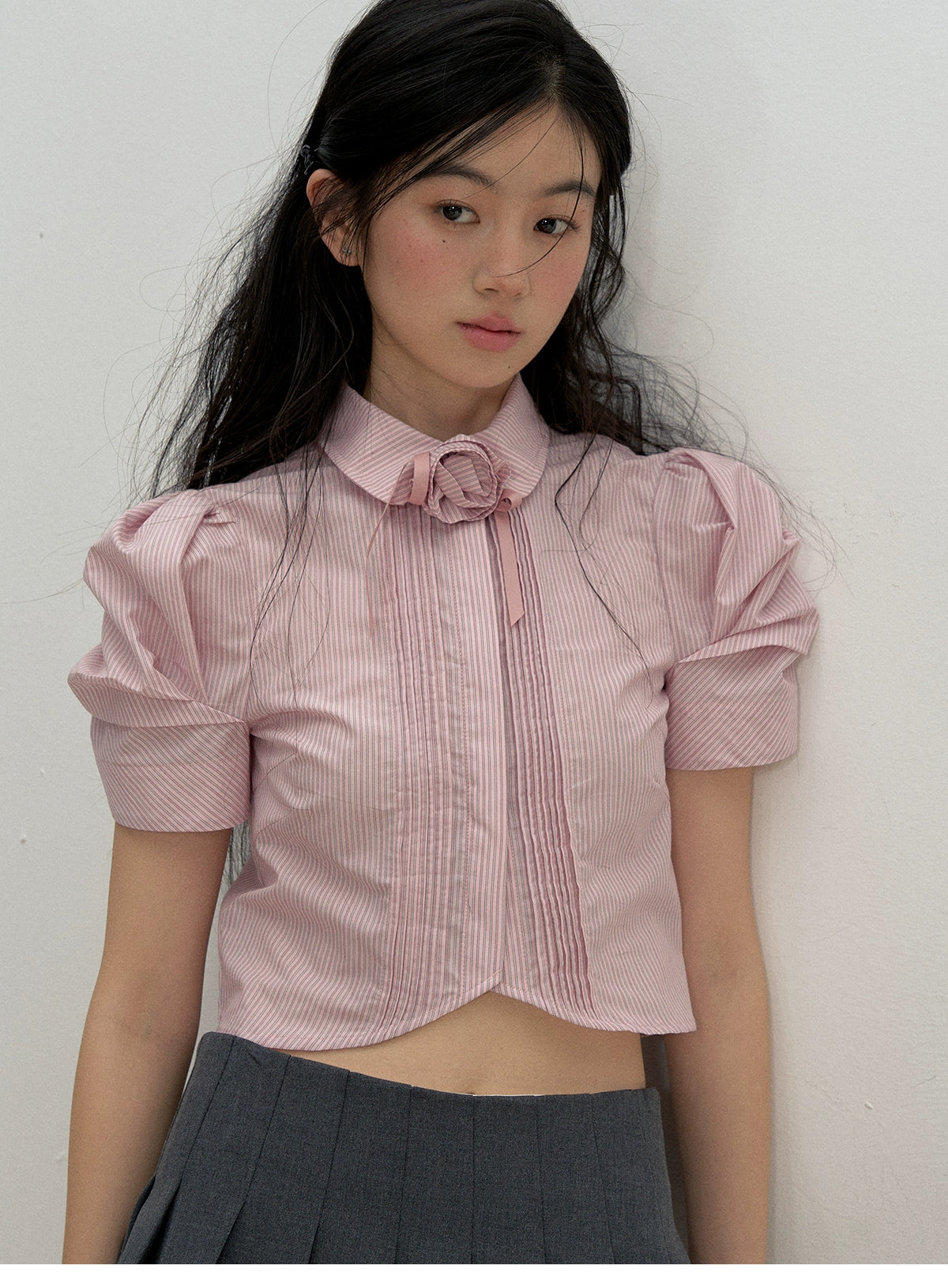 Pleated Puff-Sleeve Cropped Blouse