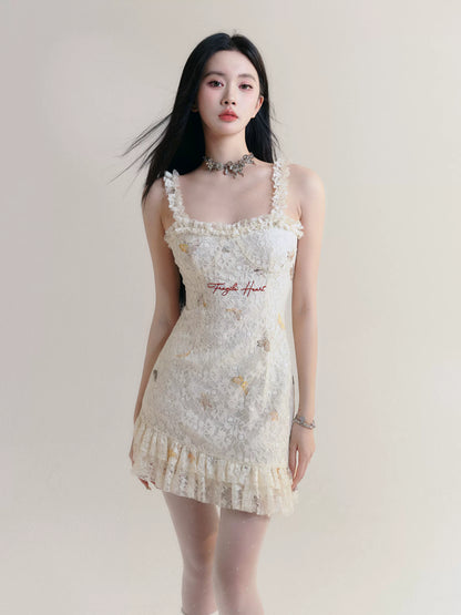 Butterfly Embroidered Lace Short Asymmetric Ruffled Dress