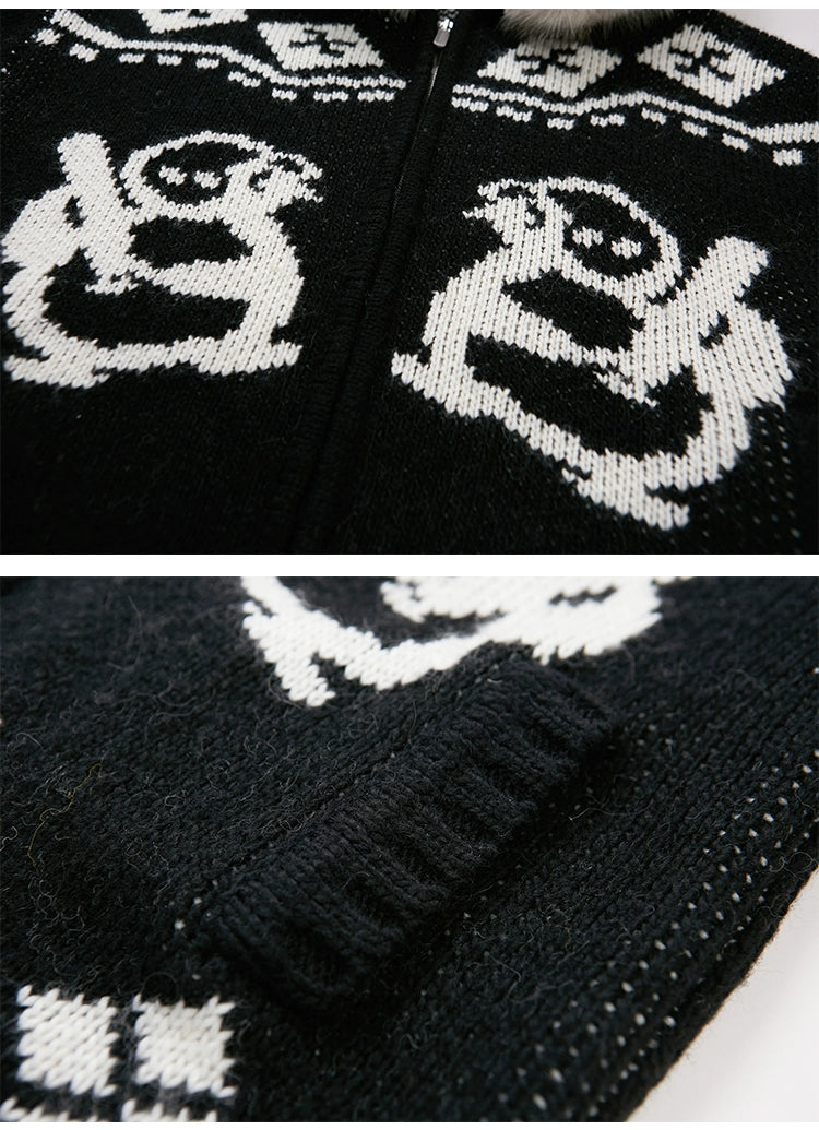 Jacquard Penguin Knit Hoodie With Removable Fur