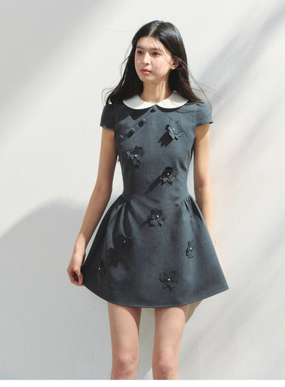 Round-Collar Mini Dress With Floral Embellishments
