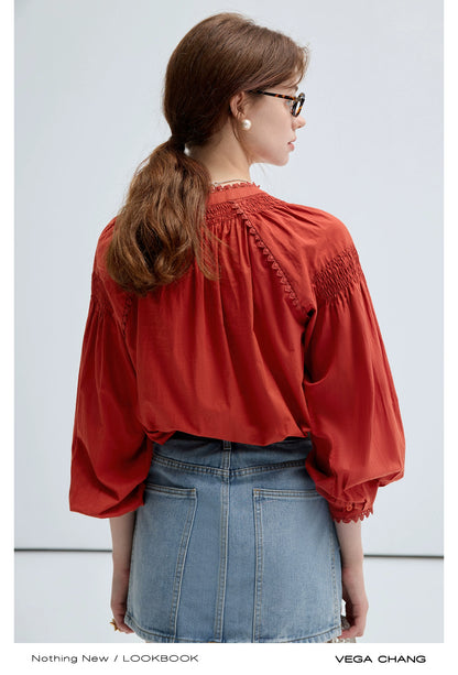 Embroidered Balloon Sleeve Blouse And Denim Skirt