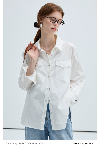 Snap Button Flip Collar Shirt With Chest Pockets