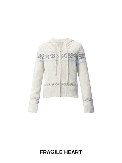 Zip-Up Hooded Fair Isle Knit Top