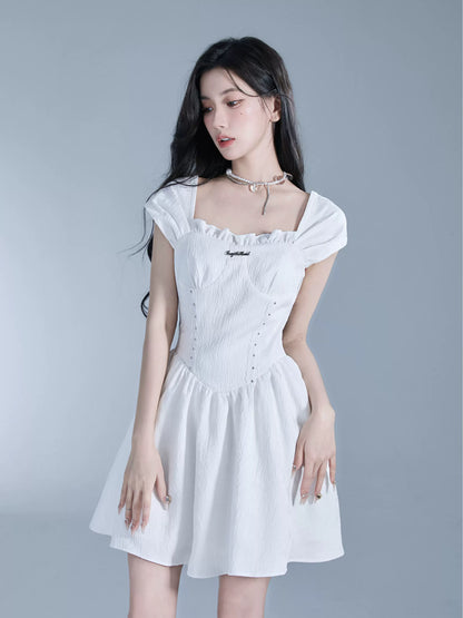 Soft Jacquard French Sleeve Bustier-Style Short Flared Dress