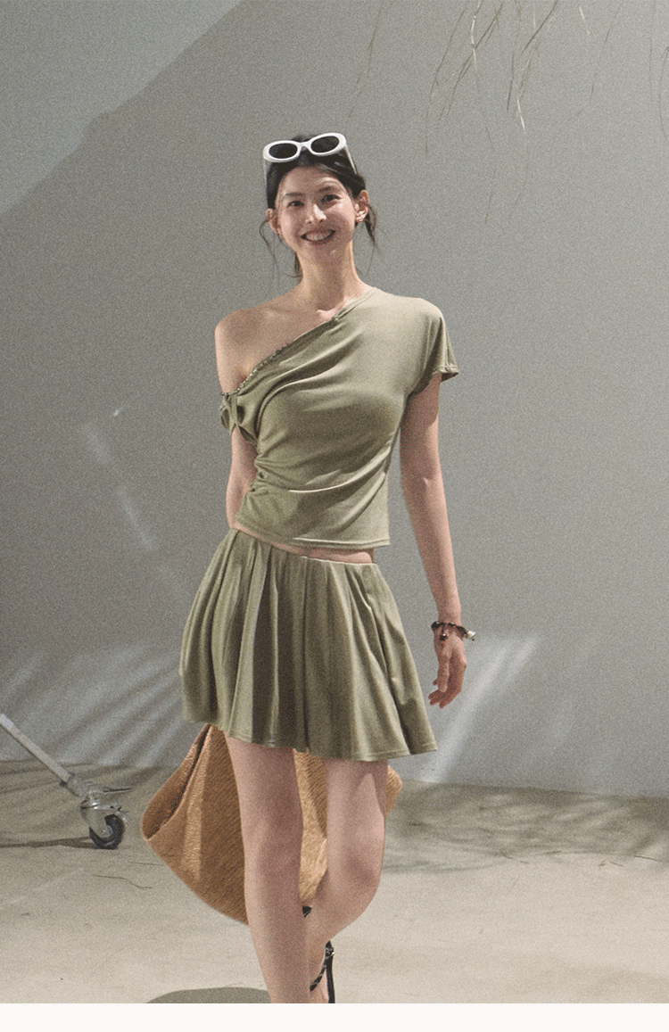 Beaded Strap One-Shoulder Top And Draped Skirt