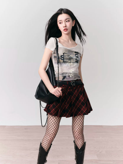 Printed Reverse-Seam T-Shirt With Lace And Bow Detail