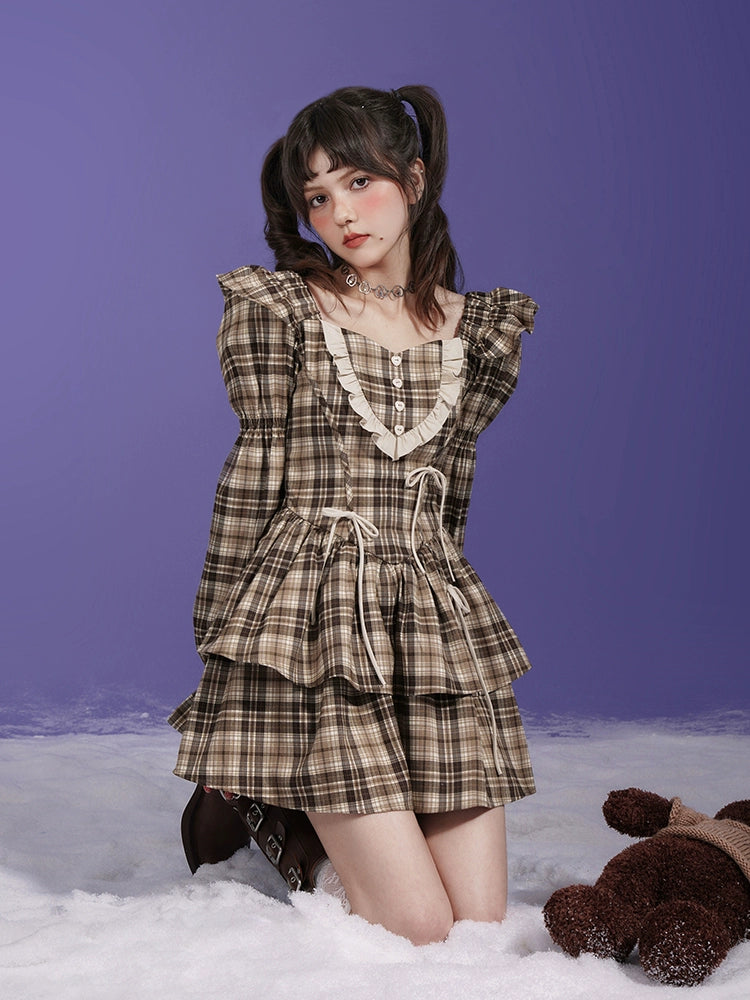 Bow Detail Frilled Puffy Sleeved Plaid Tiered Short Dress