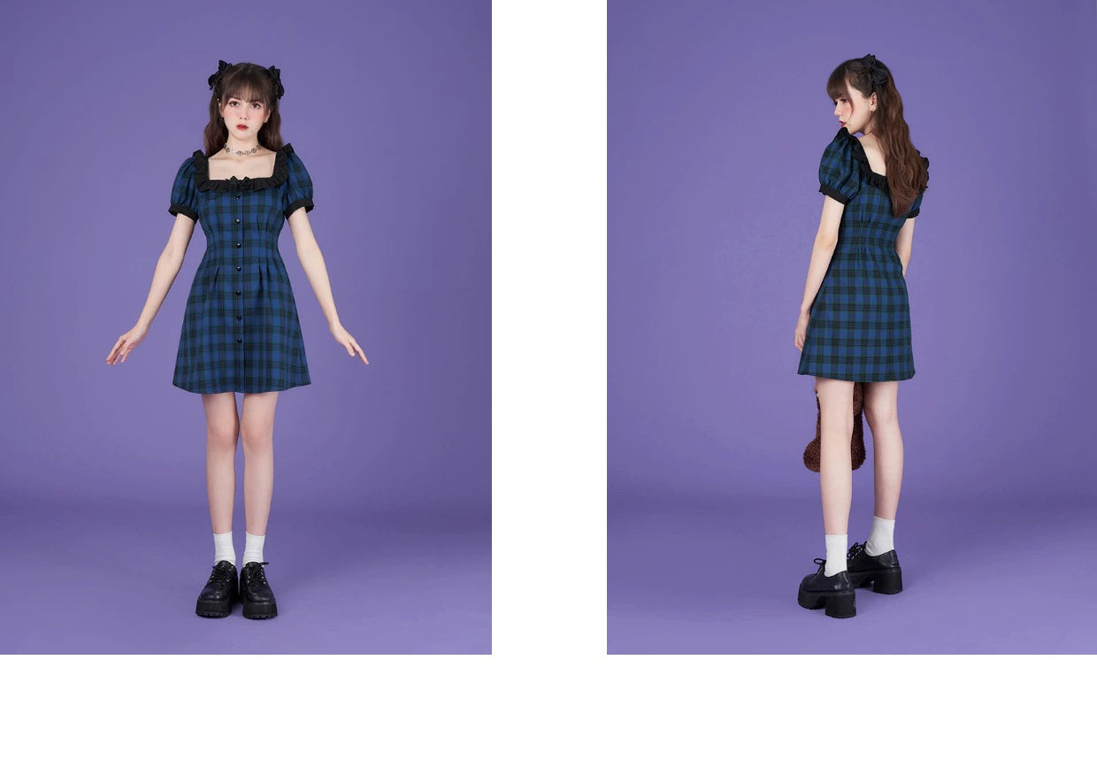 Plaid Frilled Square Neck Short Dress Fitted At Waist