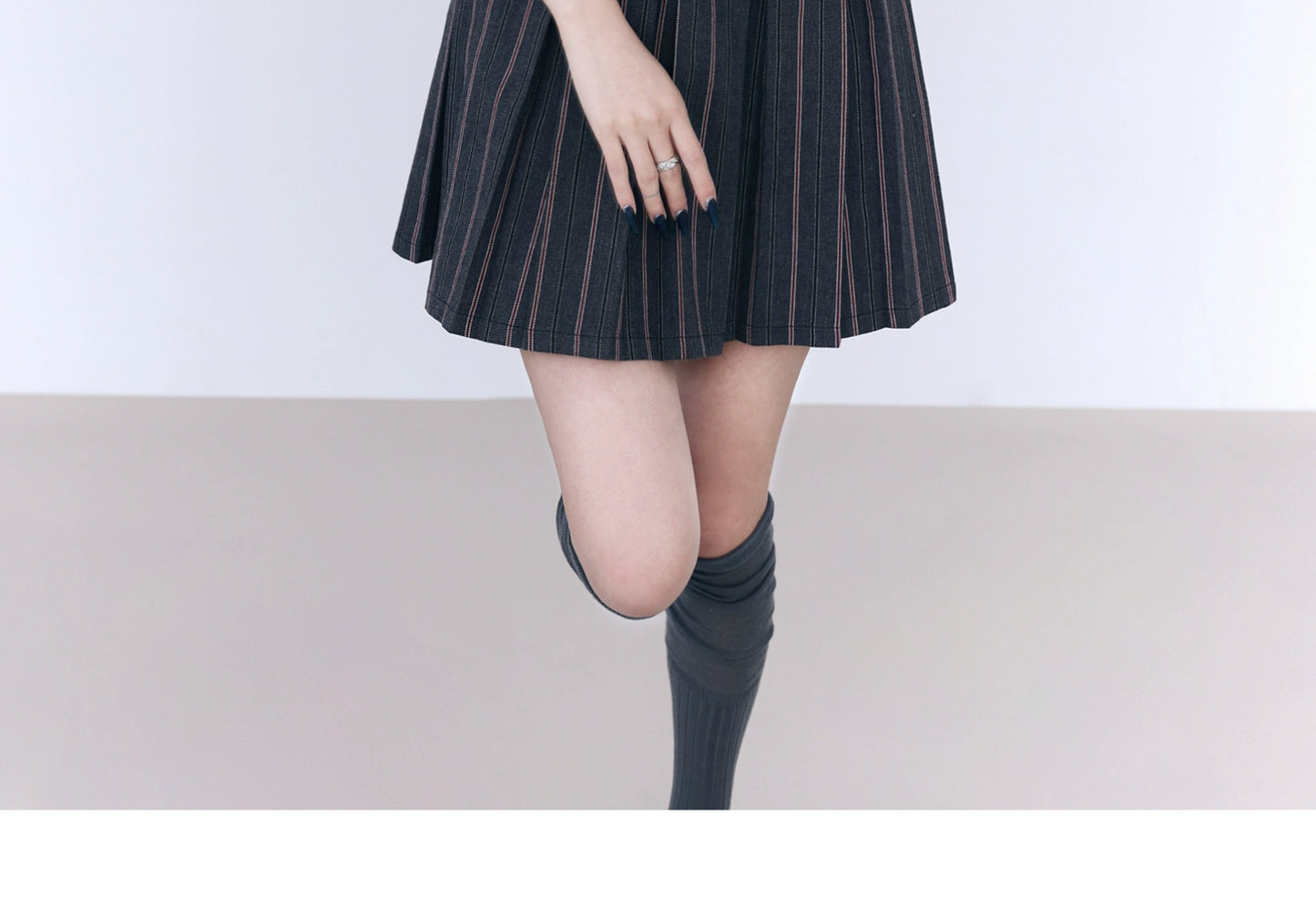 Striped Pleated Salopette Skirt With Side-Buckled Waist