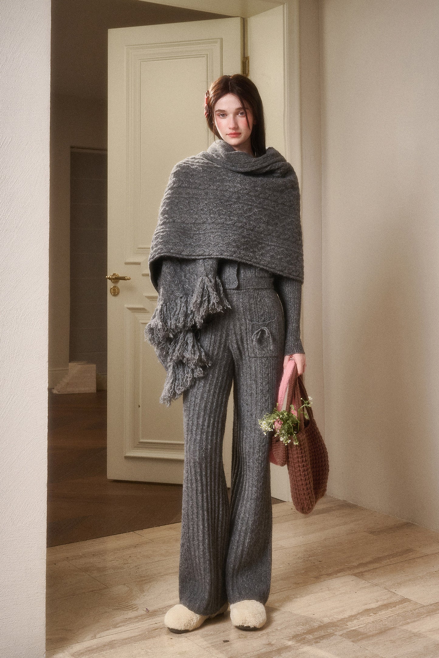 Off-Shoulder Pointelle Knit Top & Pants With Bow Details