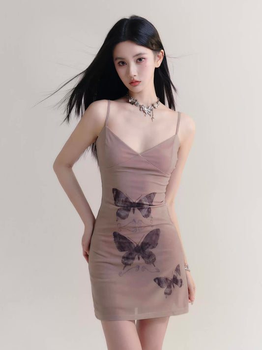 Butterfly Print Soft Sheer Breathable Lined Camisole Dress