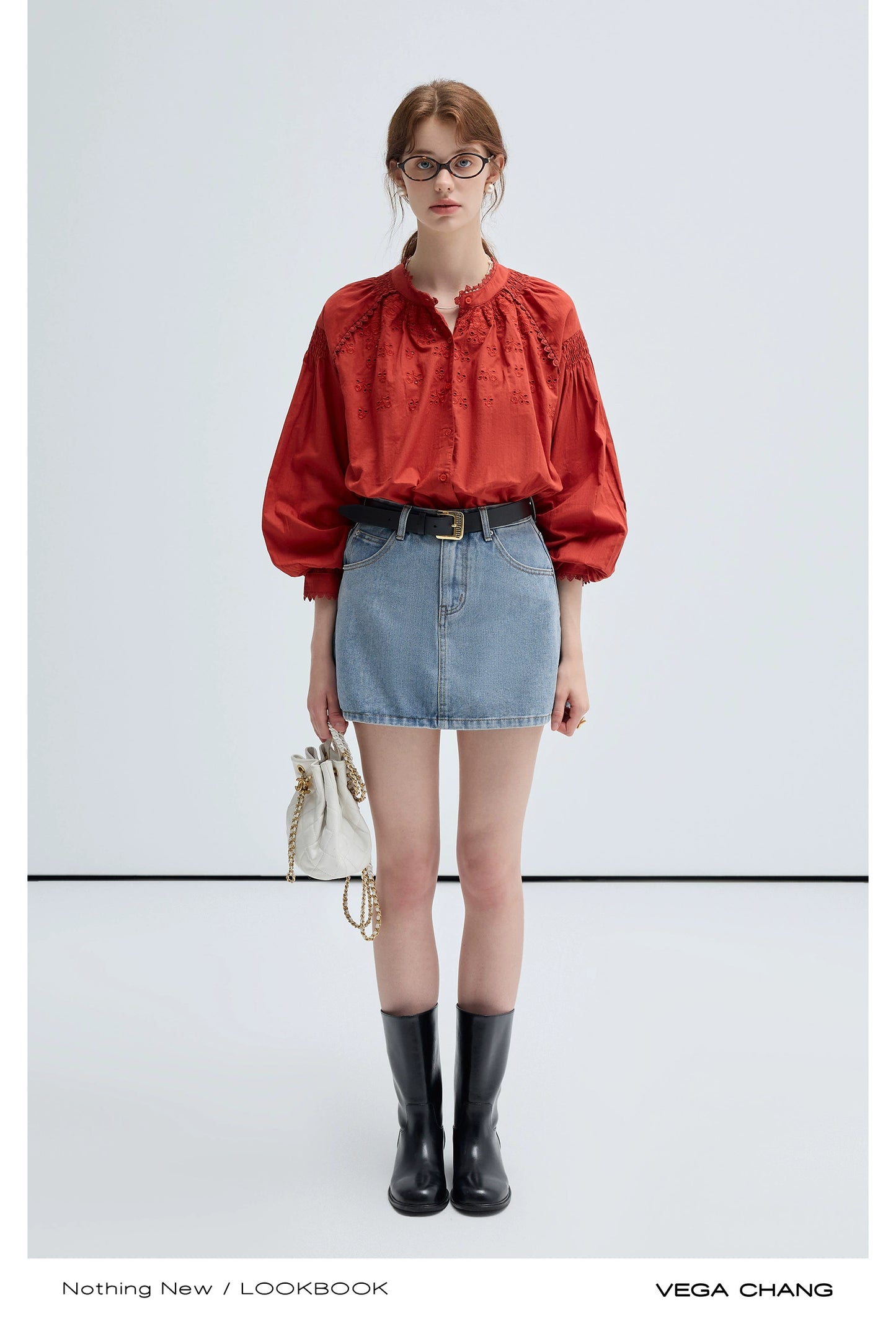 Embroidered Balloon Sleeve Blouse And Denim Skirt